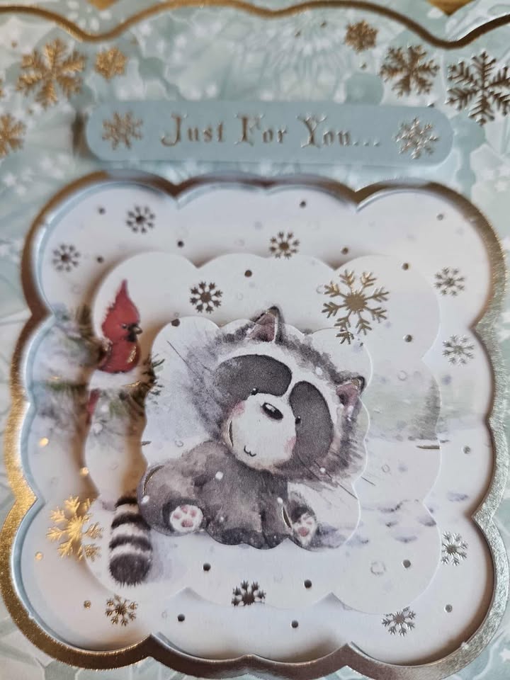 Silver & sage green raccoon decoupage christmas card 15cm x 15cm