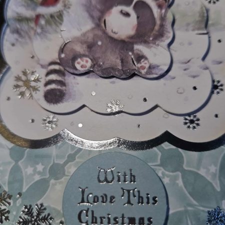 Silver & sage green raccoon decoupage christmas card 15cm x 15cm