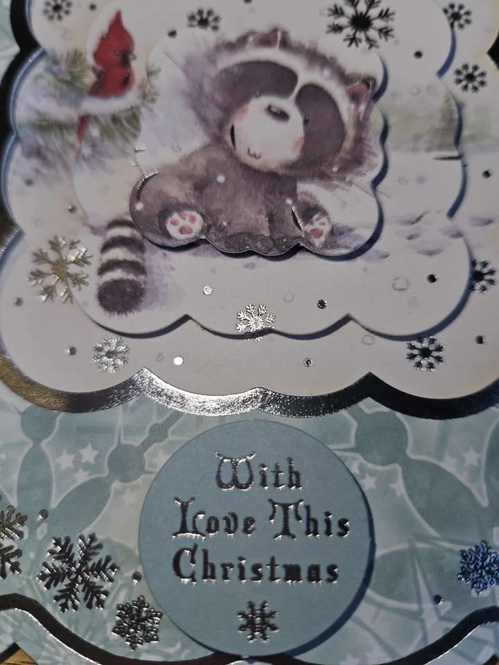 Silver & sage green raccoon decoupage christmas card 15cm x 15cm