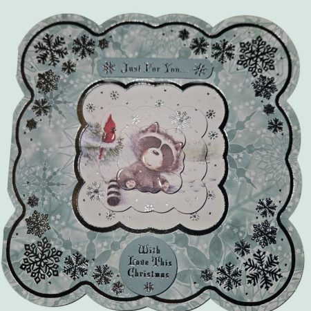 Silver & sage green raccoon decoupage christmas card 15cm x 15cm