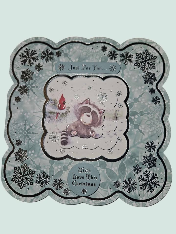 Silver & sage green raccoon decoupage christmas card 15cm x 15cm