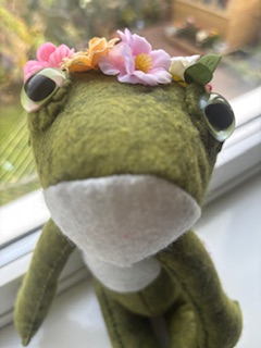 This collectible felt frog princess Gracie is hand sewn from Sarah Peel collection