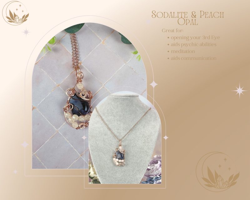 Crystal Pendant necklace| Wire wrapped| Sodalite and Peach Opal