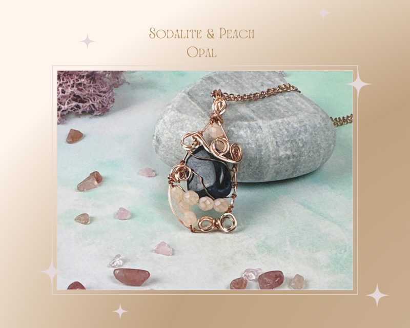 Crystal Pendant necklace| Wire wrapped| Sodalite and Peach Opal