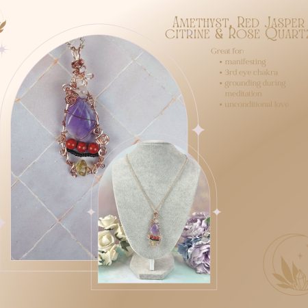 Amethyst Red Jasper Rose Quartz Citrine Pendant Necklace|Wire wrapped | Crystal Healing Jewellery