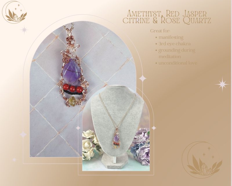 Amethyst Red Jasper Rose Quartz Citrine Pendant Necklace|Wire wrapped | Crystal Healing Jewellery