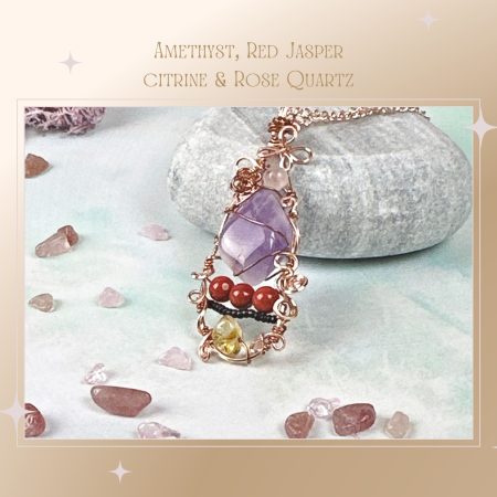 Amethyst Red Jasper Rose Quartz Citrine Pendant Necklace|Wire wrapped | Crystal Healing Jewellery