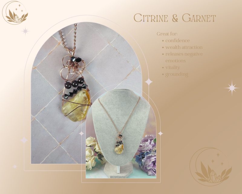 Citrine & Garnet Pendant necklace|wire wrapped crystal|
