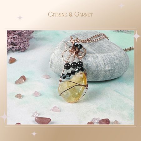 Citrine & Garnet Pendant necklace|wire wrapped crystal|