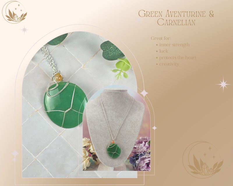 Crystal Pendant Necklace| Green Aventurine & Carnelian| Wire wrapped| Healing Jewellery