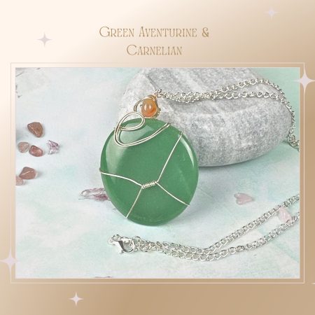Crystal Pendant Necklace| Green Aventurine & Carnelian| Wire wrapped| Healing Jewellery