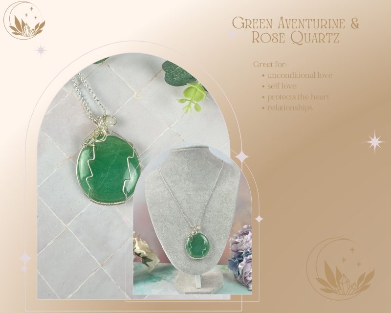 Green Aventurine Rose Quartz Crystal Pendant Necklace| Wire wrapped| healing jewellery|love