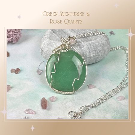 Green Aventurine Rose Quartz Crystal Pendant Necklace| Wire wrapped| healing jewellery|love