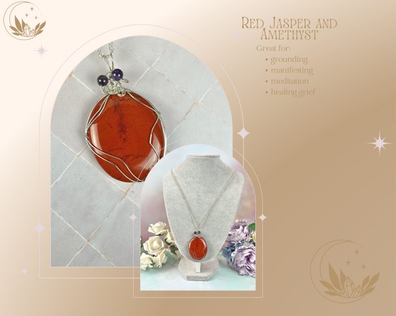 Pendant necklace|Red Jasper and Amethyst| Wire wrapped crystal| Crystal Healing Jewellery |grief|