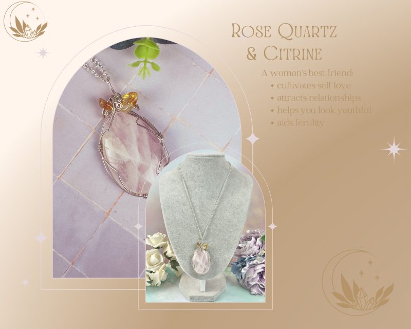 Rose Quartz & Citrine Pendant | Crystal Necklace |Wire Wrapped Jewellery
