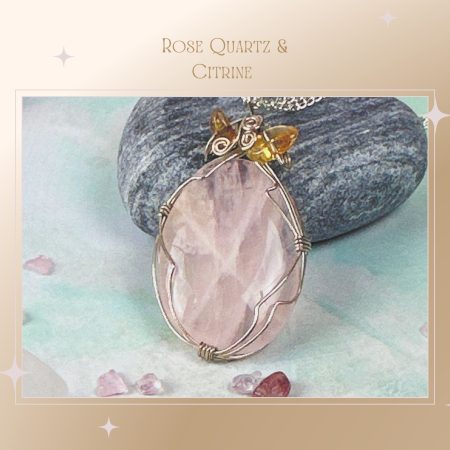 Rose Quartz & Citrine Pendant | Crystal Necklace |Wire Wrapped Jewellery