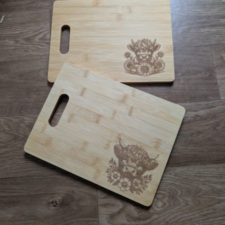 Highland cow, stag, cartoon cow, horse engraved bamboo chopping board