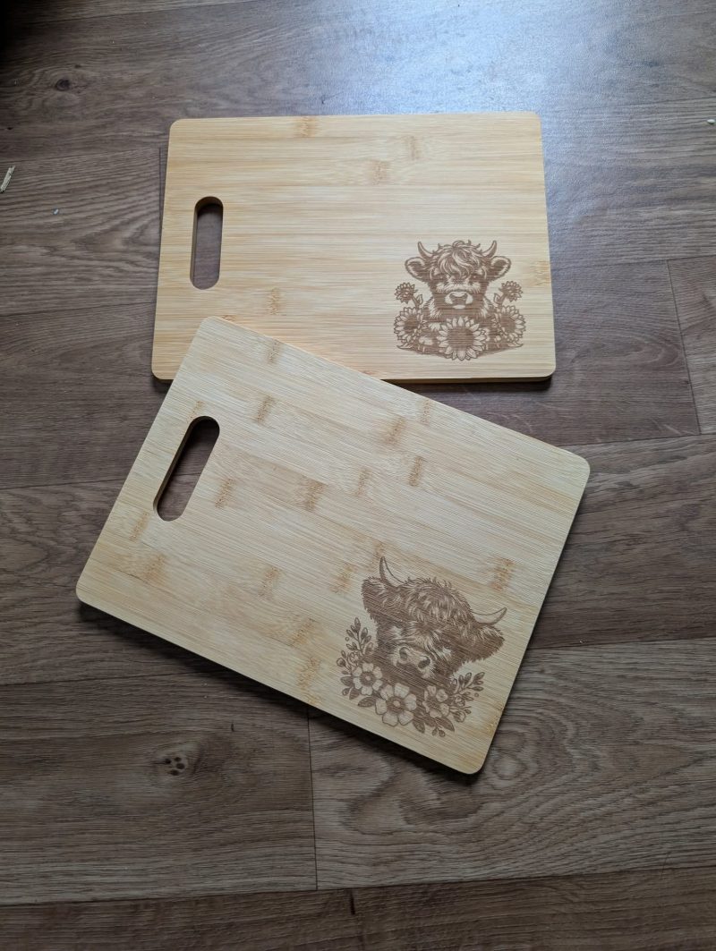 Highland cow, stag, cartoon cow, horse engraved bamboo chopping board