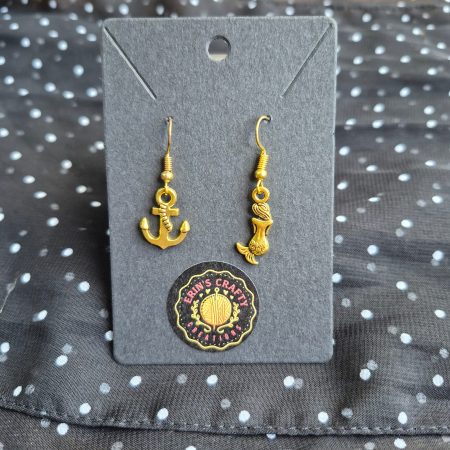 Anchor and mermaid gold mismatched earrings