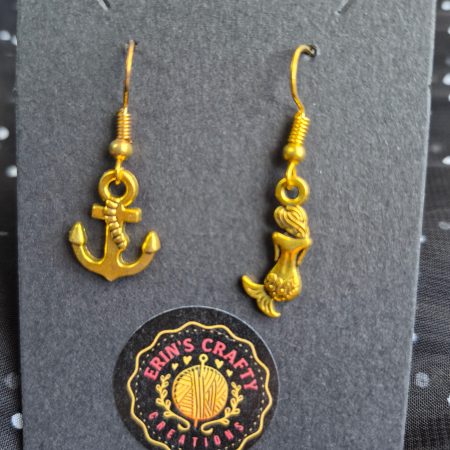 Anchor and mermaid gold mismatched earrings