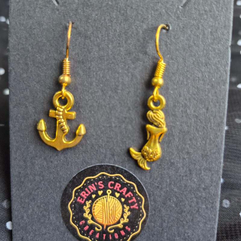 Anchor and mermaid gold mismatched earrings