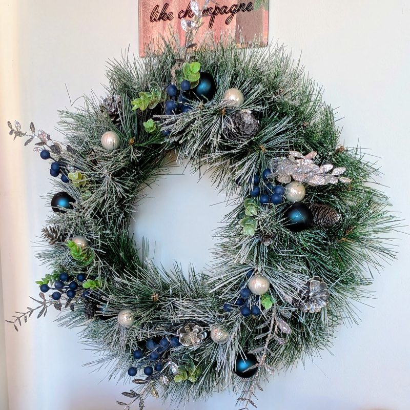 Snowy Silver And Blue Faux Pine Winter Wreath