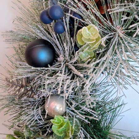 Snowy Silver And Blue Faux Pine Winter Wreath