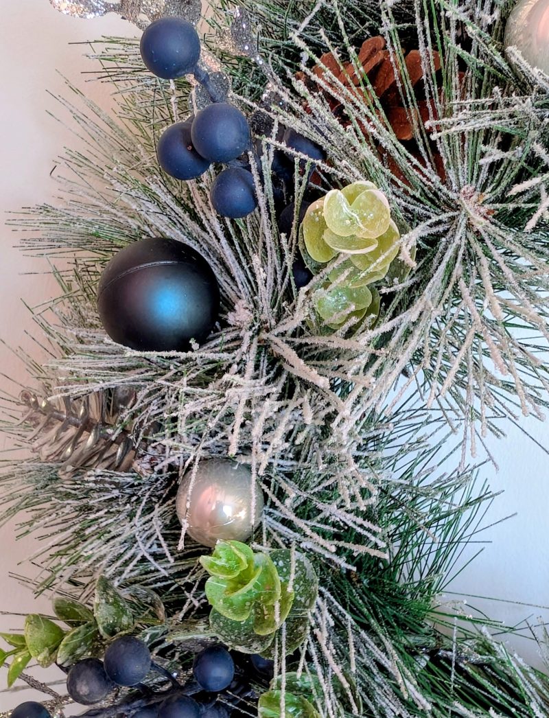 Snowy Silver And Blue Faux Pine Winter Wreath