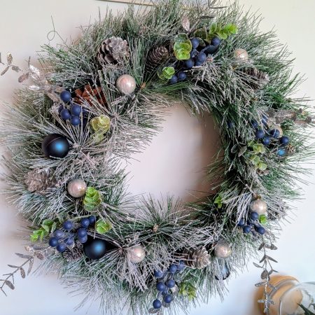 Snowy Silver And Blue Faux Pine Winter Wreath