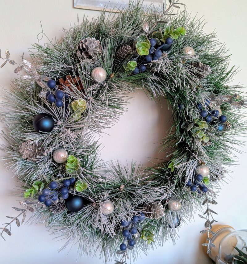 Snowy Silver And Blue Faux Pine Winter Wreath