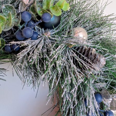 Snowy Silver And Blue Faux Pine Winter Wreath
