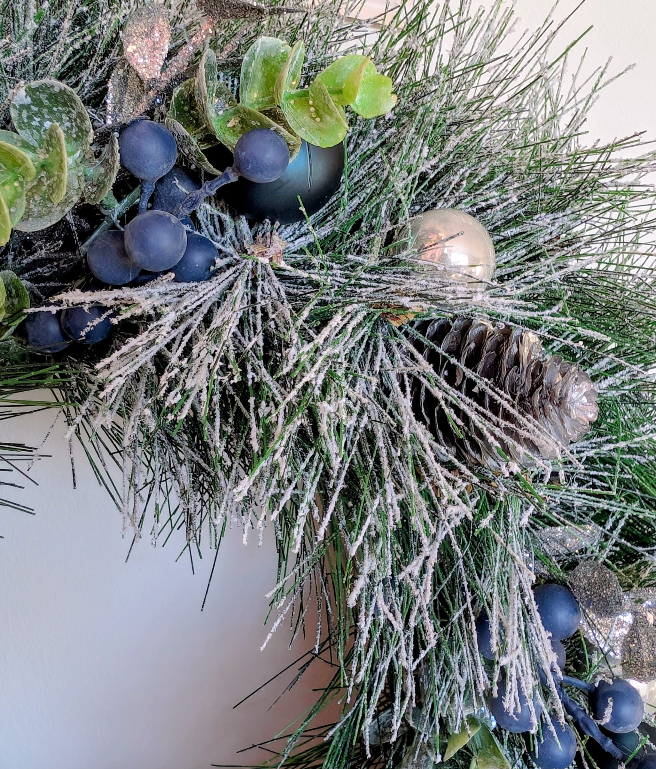 Snowy Silver And Blue Faux Pine Winter Wreath