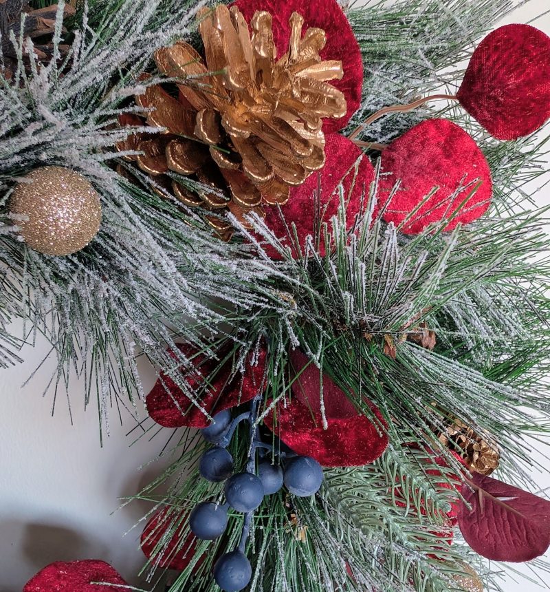 Red And Gold Snowy Faux Pine Christmas Wreath