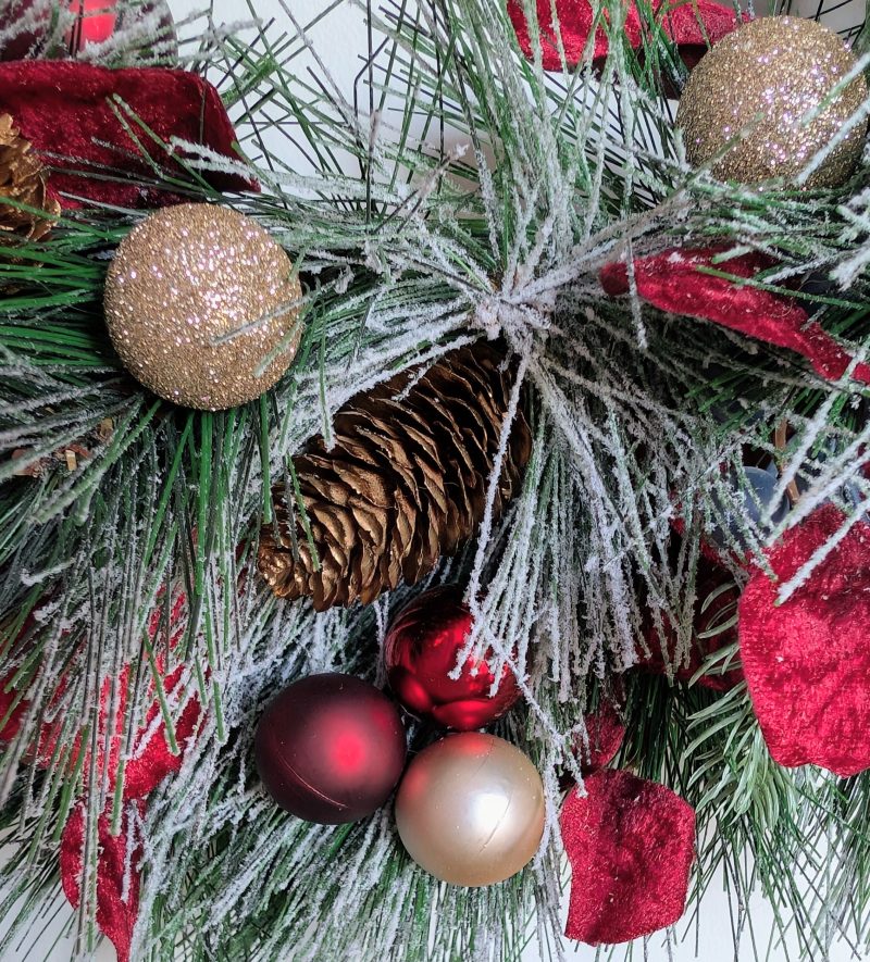 Red And Gold Snowy Faux Pine Christmas Wreath