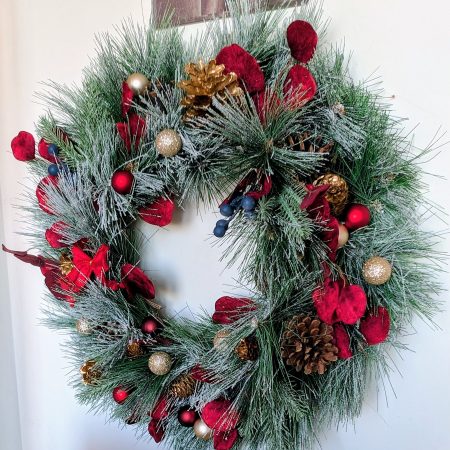 Red And Gold Snowy Faux Pine Christmas Wreath