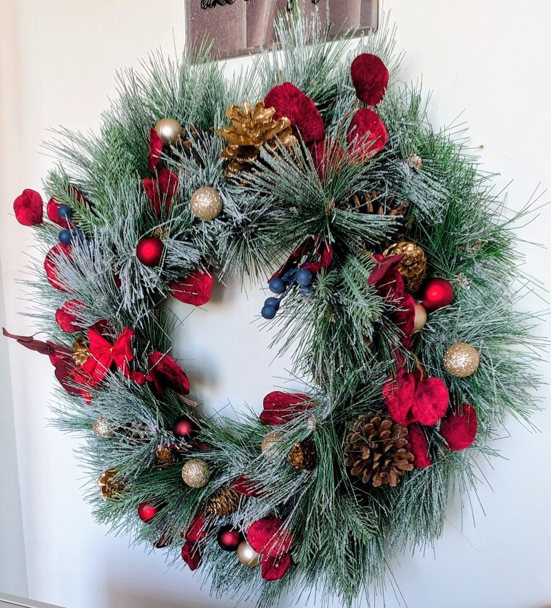 Red And Gold Snowy Faux Pine Christmas Wreath