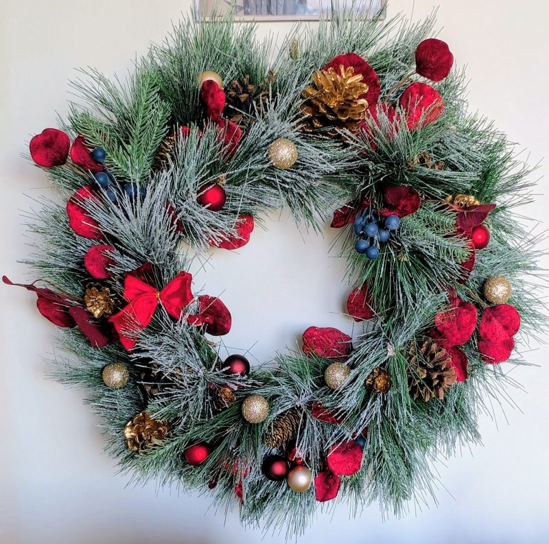 Red And Gold Snowy Faux Pine Christmas Wreath