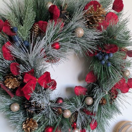 Red And Gold Snowy Faux Pine Christmas Wreath