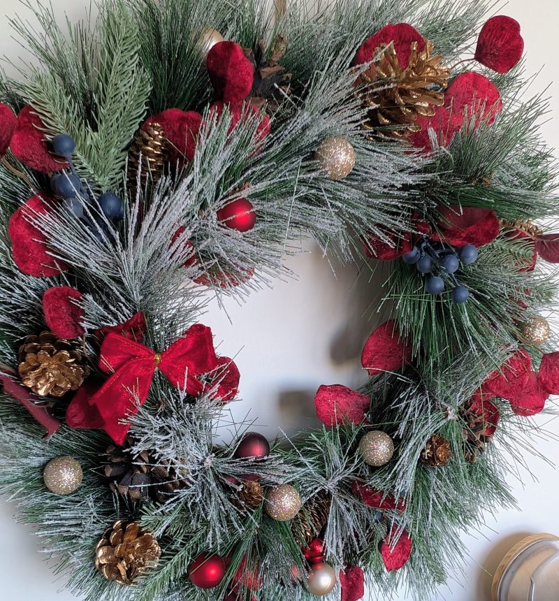 Red And Gold Snowy Faux Pine Christmas Wreath