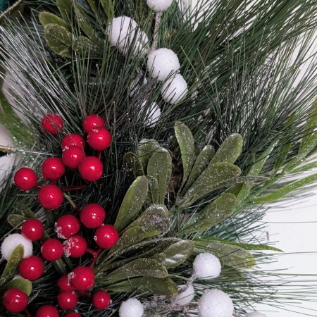 White And Red Winter Berries With Green Bow Faux Pine Wreath