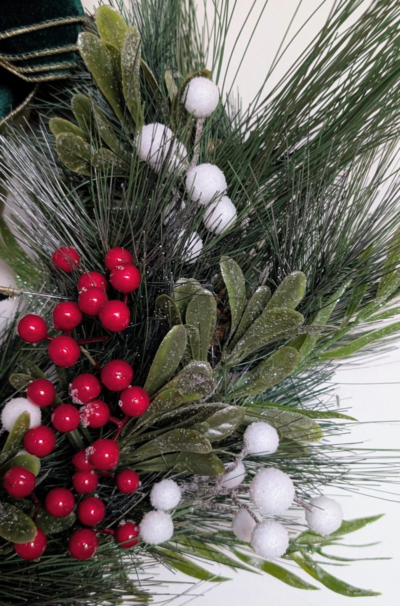 White And Red Winter Berries With Green Bow Faux Pine Wreath