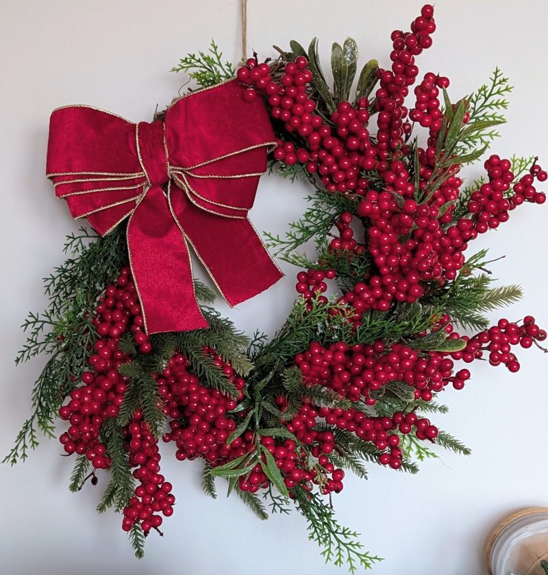 Red Bow And Winter Berries Faux Juniper Winter Wreath