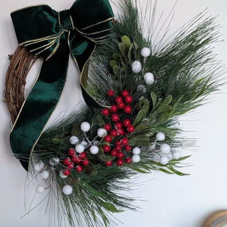 White And Red Winter Berries With Green Bow Faux Pine Wreath