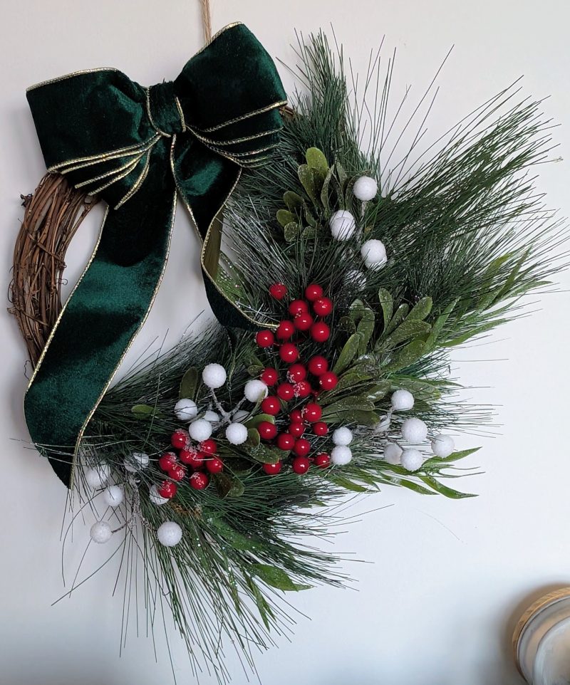 White And Red Winter Berries With Green Bow Faux Pine Wreath