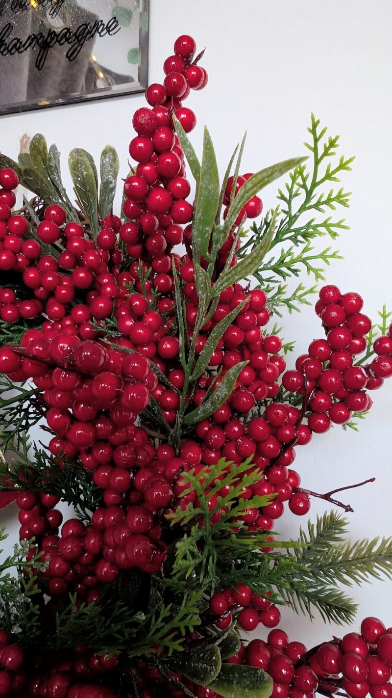 Red Bow And Winter Berries Faux Juniper Winter Wreath