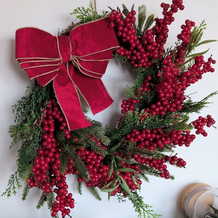 Red Bow And Winter Berries Faux Juniper Winter Wreath