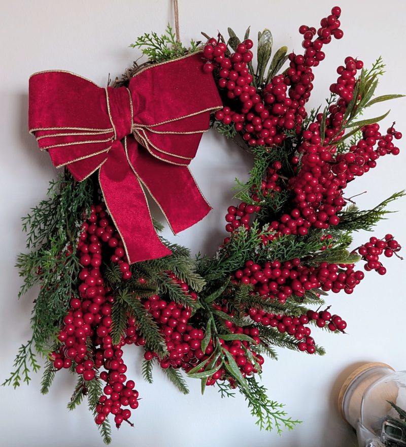 Red Bow And Winter Berries Faux Juniper Winter Wreath