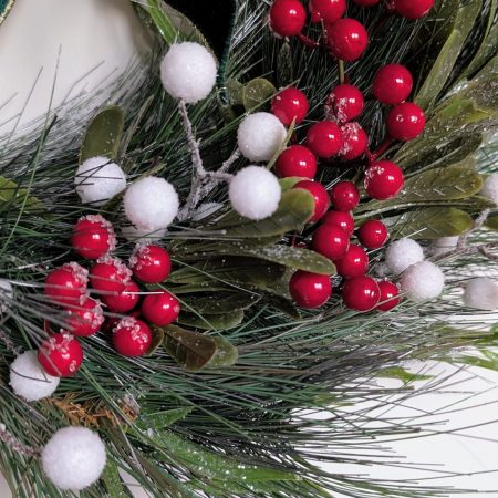 White And Red Winter Berries With Green Bow Faux Pine Wreath