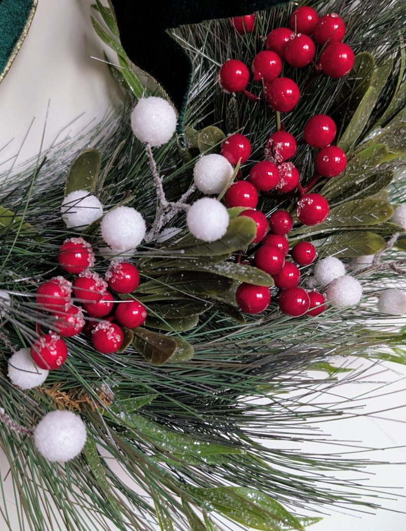 White And Red Winter Berries With Green Bow Faux Pine Wreath