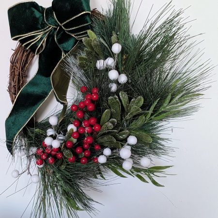 White And Red Winter Berries With Green Bow Faux Pine Wreath